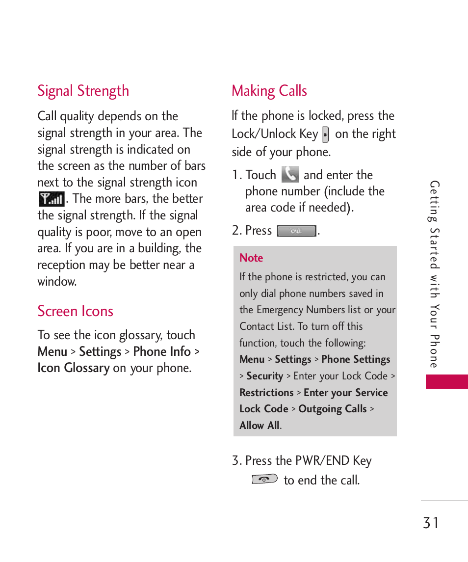 Signal strength, Screen icons, Making calls | LG MN270 User Manual | Page 33 / 273