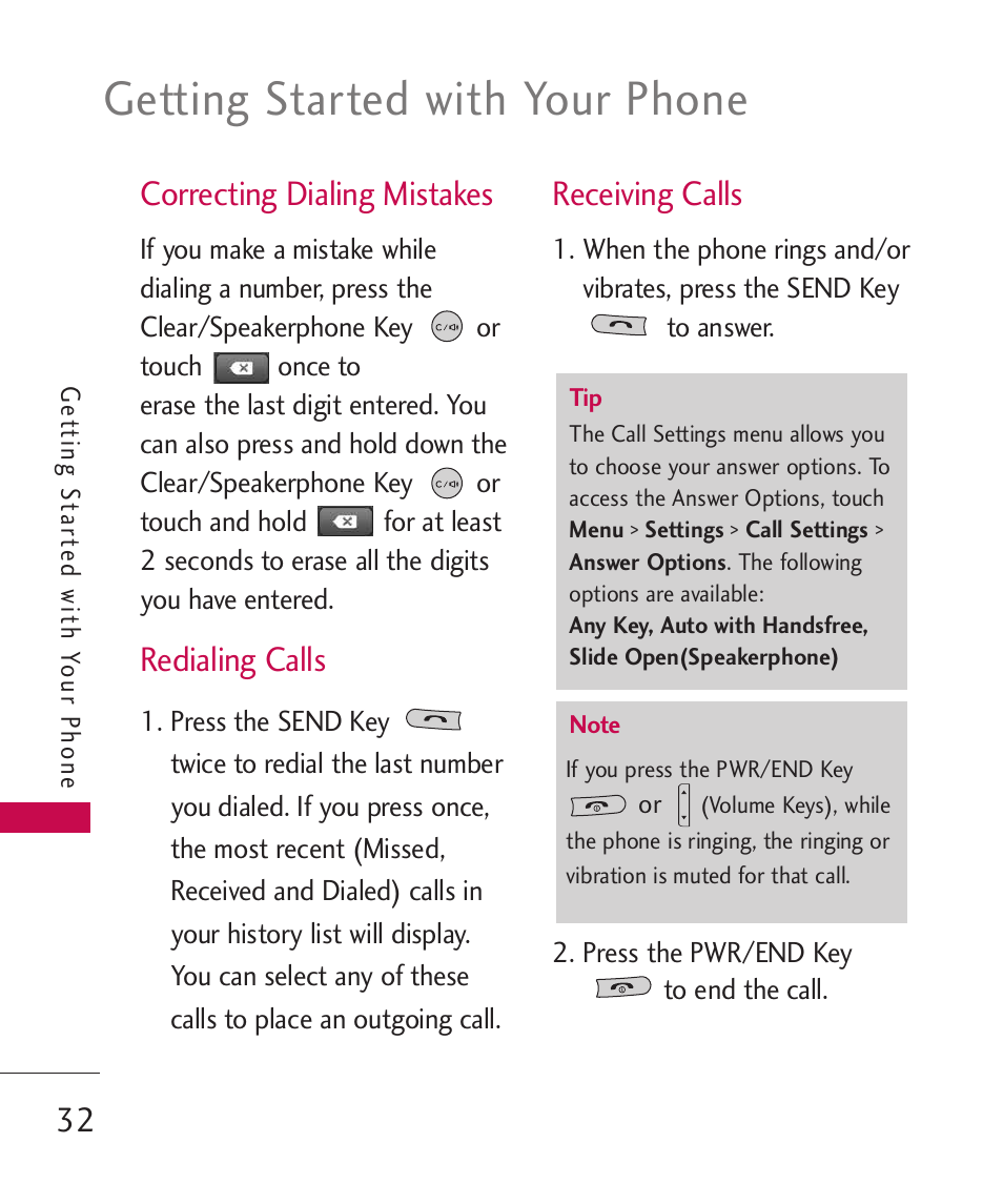 Correcting dialing mistakes, Redialing calls, Receiving calls | Getting started with your phone, 32 correcting dialing mistakes | LG MN270 User Manual | Page 34 / 273