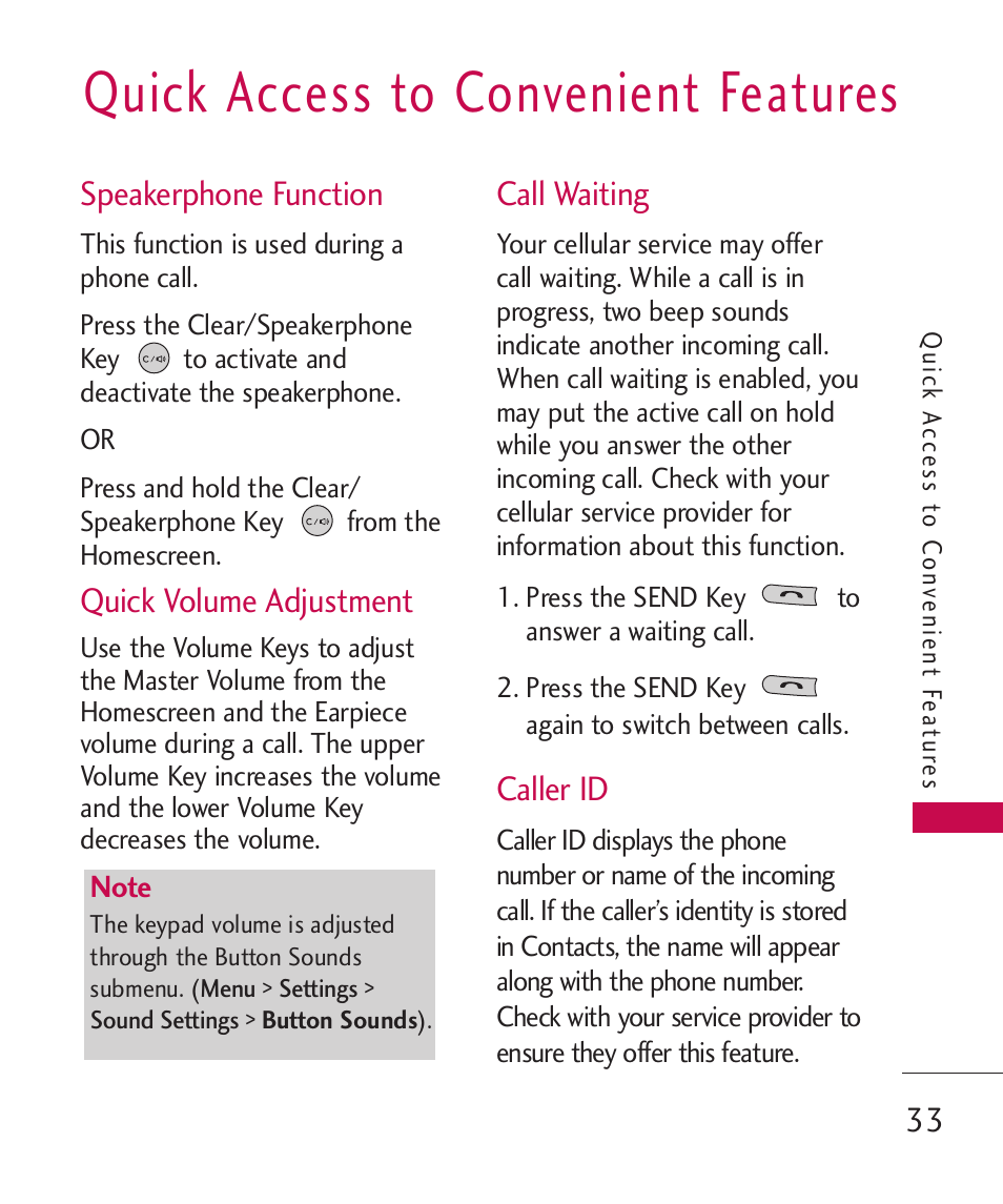 Quick access to convenient, Speakerphone function, Call waiting | Caller id, Quick access to convenient features, Quick volume adjustment | LG MN270 User Manual | Page 35 / 273