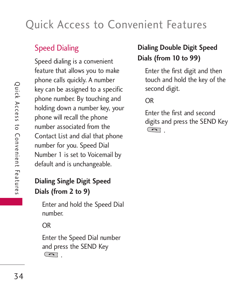 Speed dialing, Quick access to convenient features | LG MN270 User Manual | Page 36 / 273