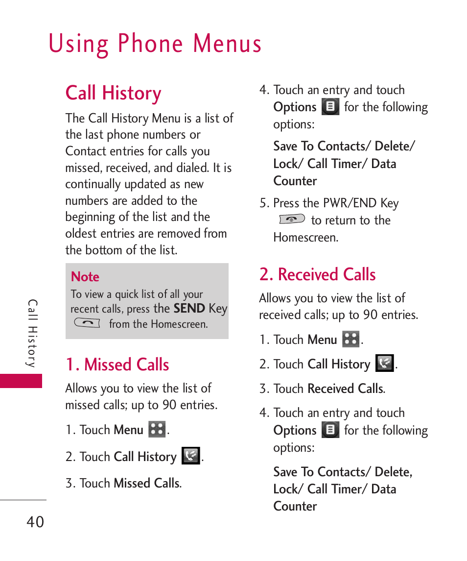 Using phone menus, Call history, Missed calls | Received calls | LG MN270 User Manual | Page 42 / 273