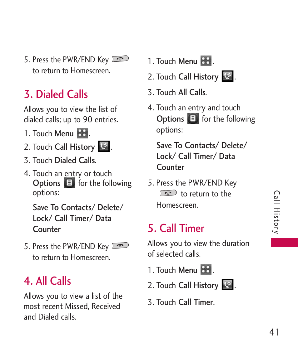 Dialed calls, All calls, Call timer | LG MN270 User Manual | Page 43 / 273