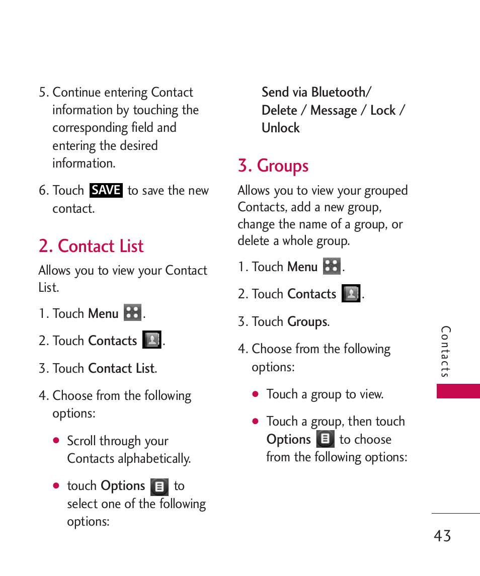 Contact list, Groups | LG MN270 User Manual | Page 45 / 273