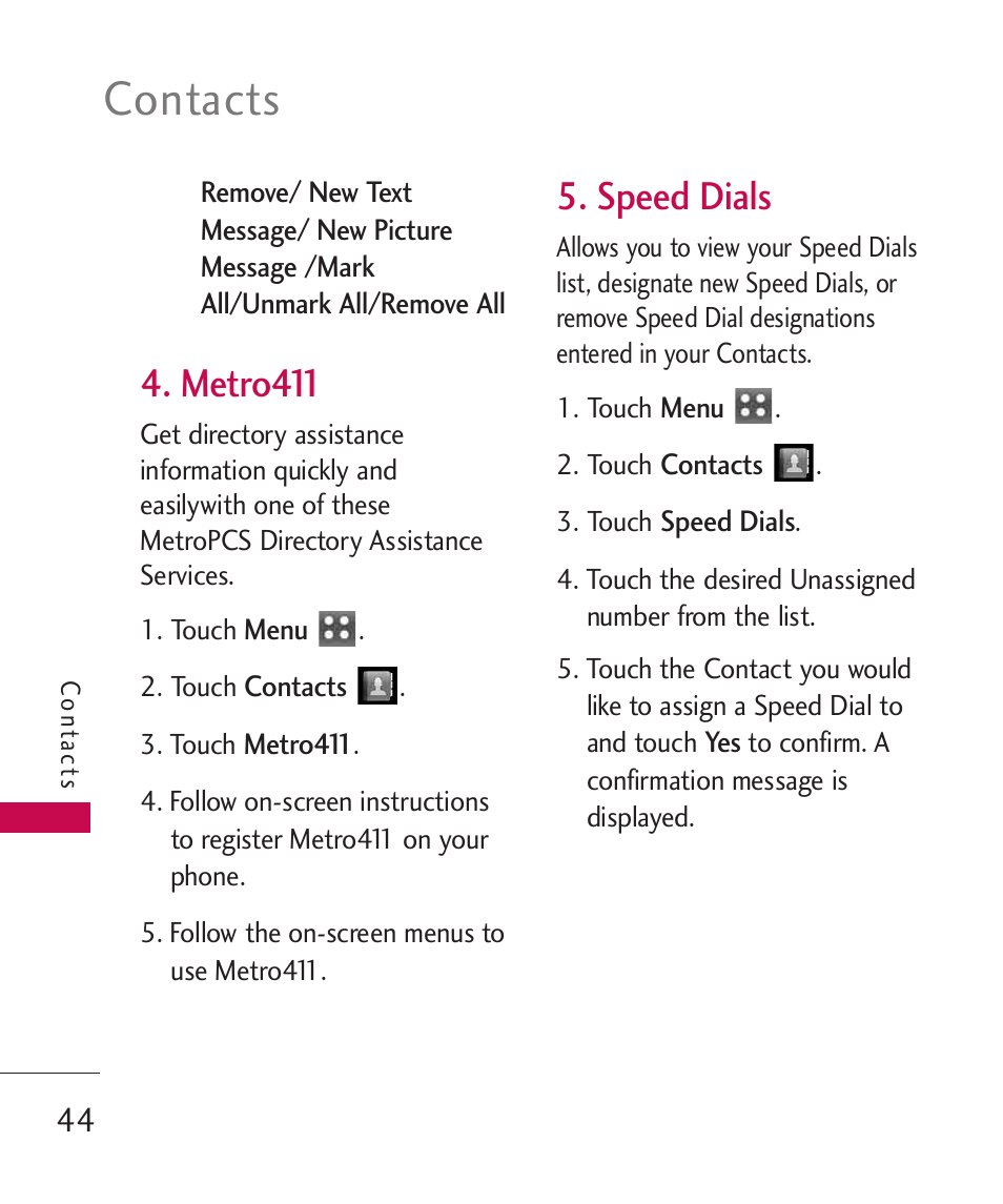 Metro411, Speed dials, Contacts | LG MN270 User Manual | Page 46 / 273