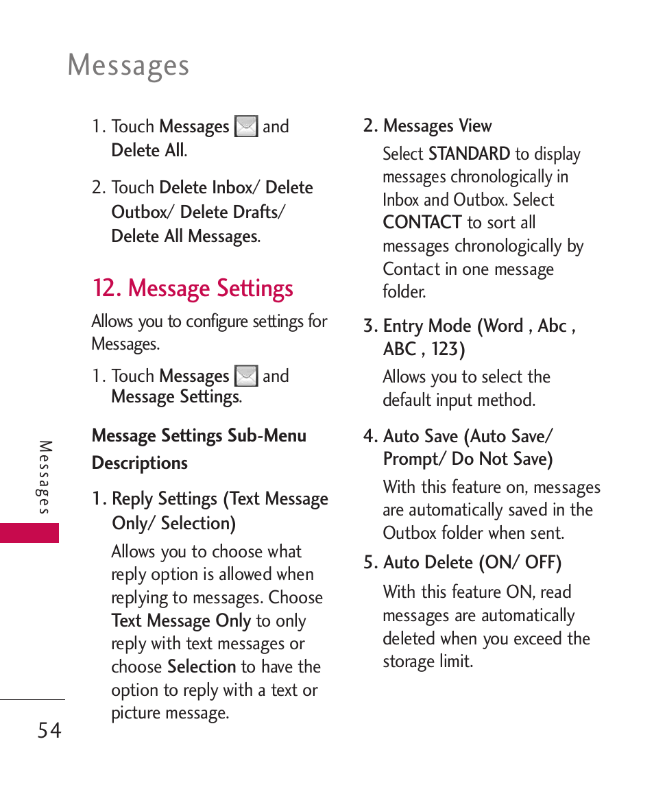 Message settings, Messages | LG MN270 User Manual | Page 56 / 273