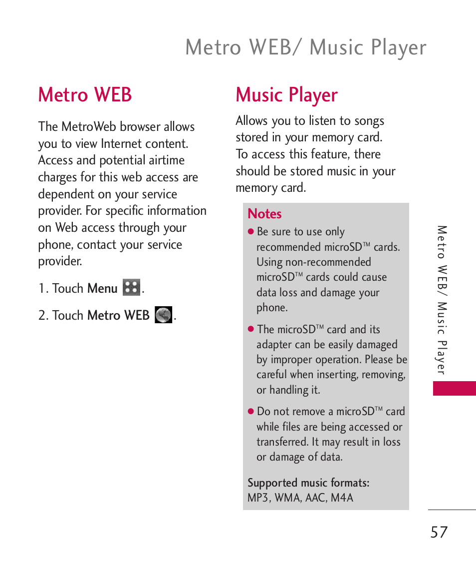 Metro web, Music player, Metro web/ music player | LG MN270 User Manual | Page 59 / 273