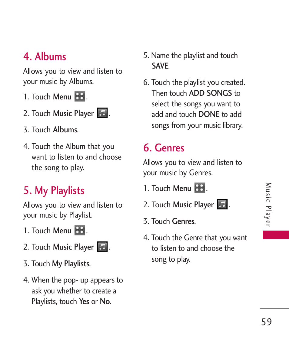 Albums, My playlists, Genres | LG MN270 User Manual | Page 61 / 273