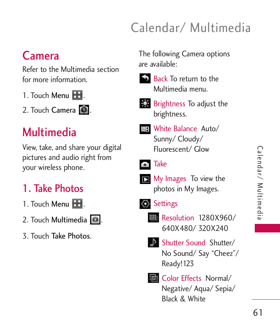 Camera, Multimedia, Take photos | Calendar/ multimedia | LG MN270 User Manual | Page 63 / 273