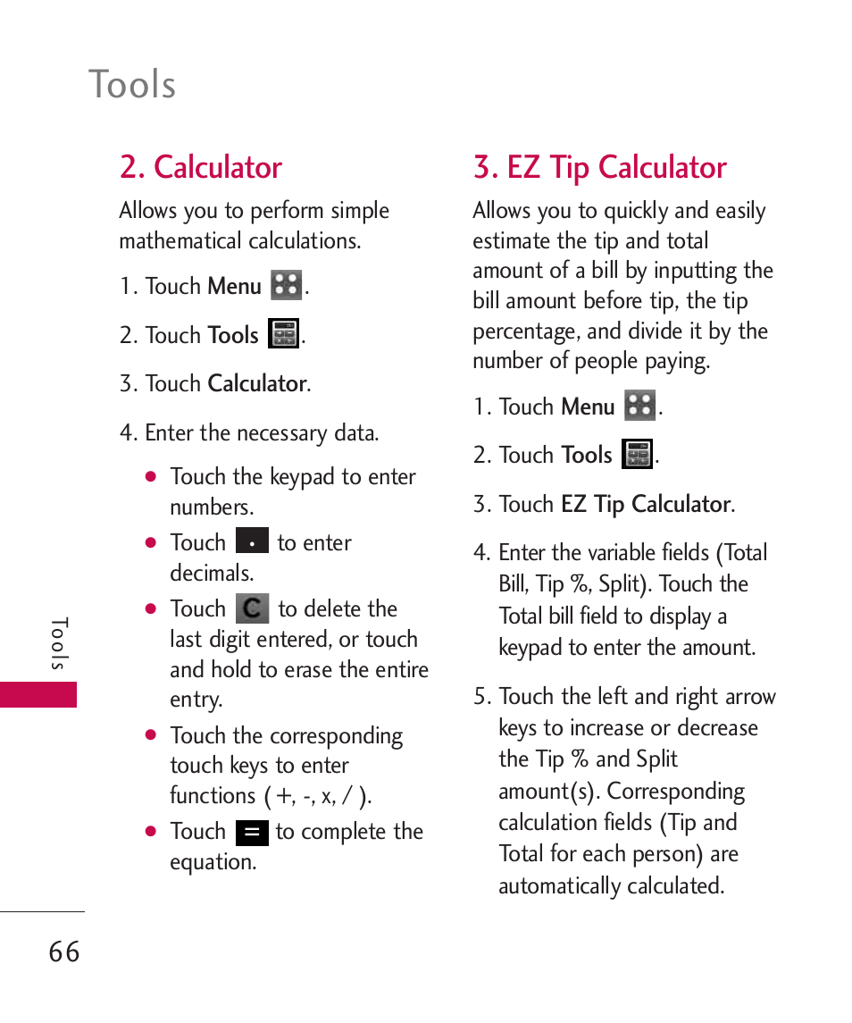 Calculator, Ez tip calculator, Tools | LG MN270 User Manual | Page 68 / 273