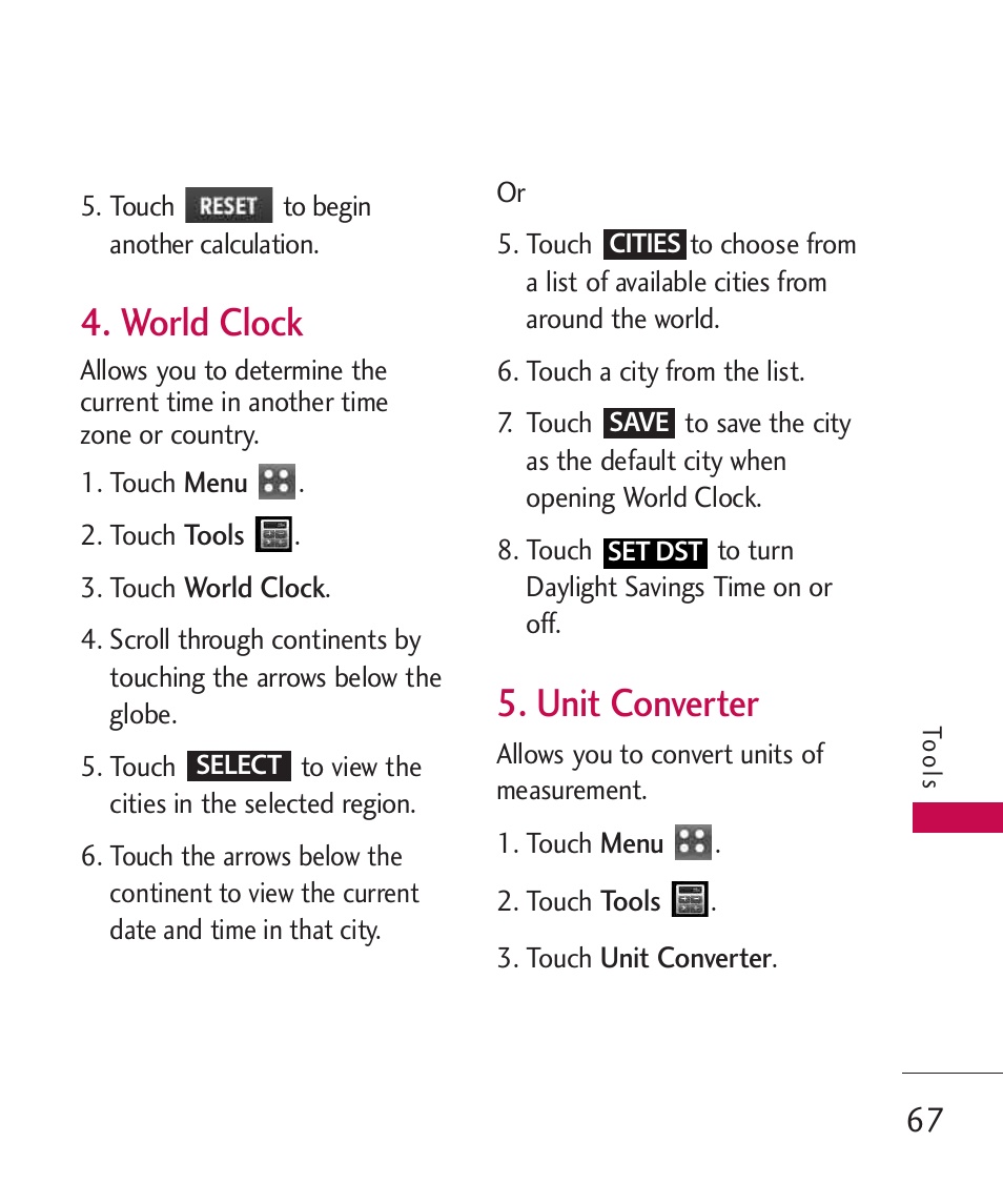 World clock, Unit converter | LG MN270 User Manual | Page 69 / 273