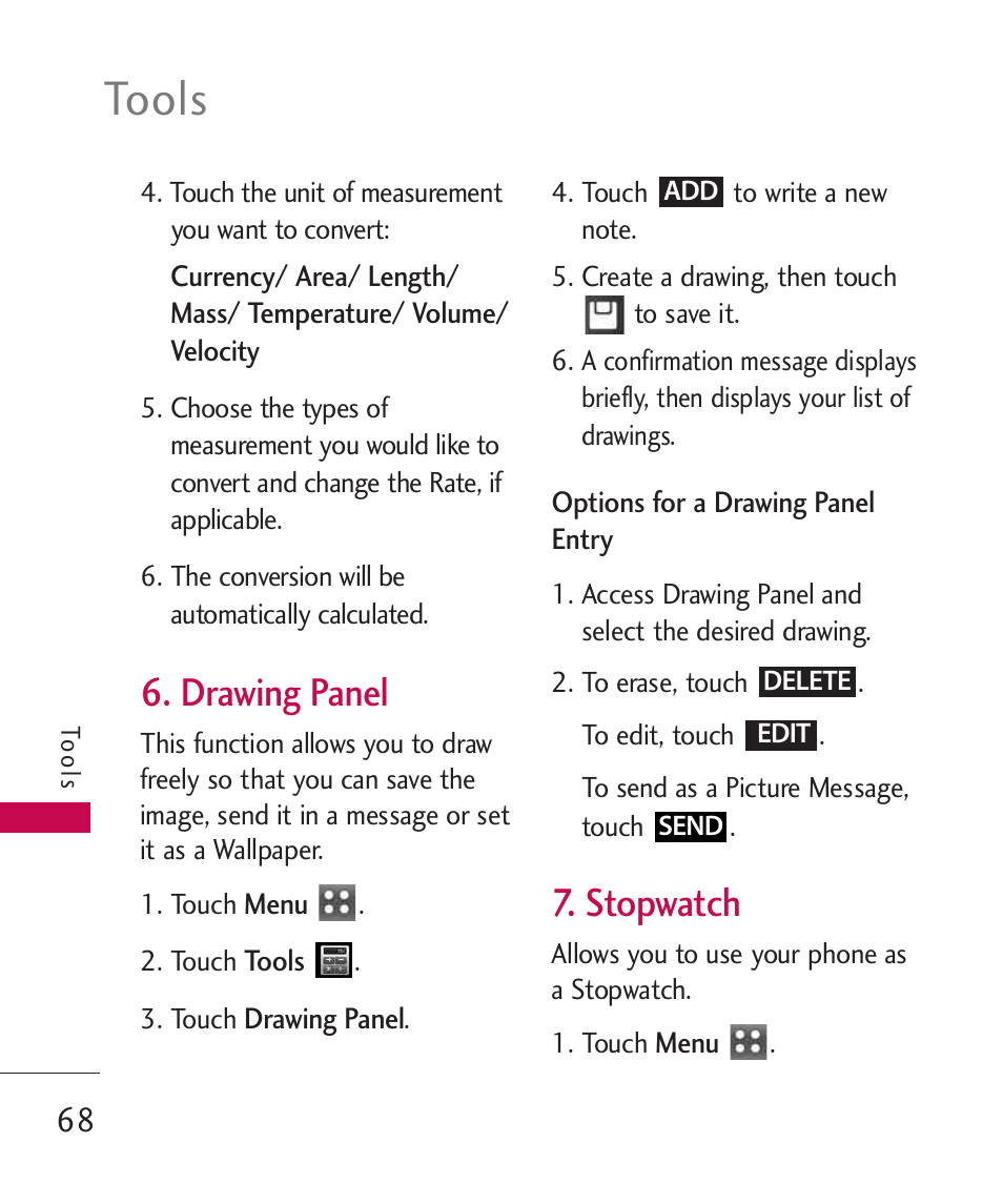 Drawing panel, Stopwatch, Tools | LG MN270 User Manual | Page 70 / 273