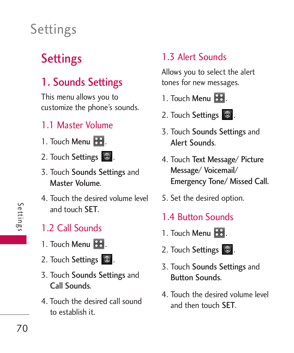 Settings, Sounds settings, 1 master volume | 2 call sounds, 3 alert sounds, 4 button sounds | LG MN270 User Manual | Page 72 / 273