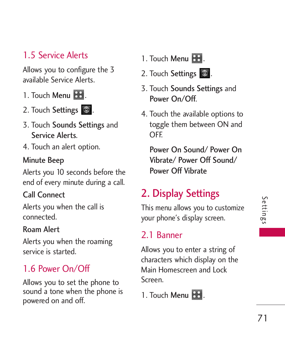 5 service alerts, 6 power on/off, Display settings | 1 banner | LG MN270 User Manual | Page 73 / 273