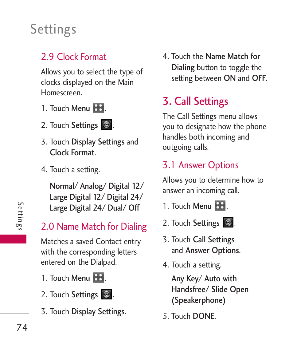 9 clock format, 0 name match for dialing, Call settings | 1 answer options, Settings | LG MN270 User Manual | Page 76 / 273