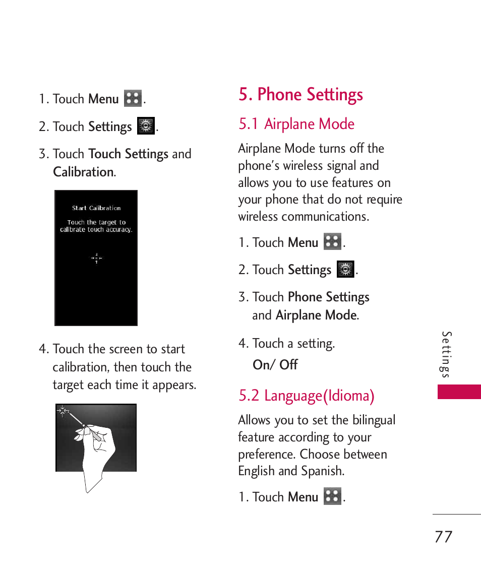 Phone settings, 1 airplane mode, 2 language(idioma) | LG MN270 User Manual | Page 79 / 273