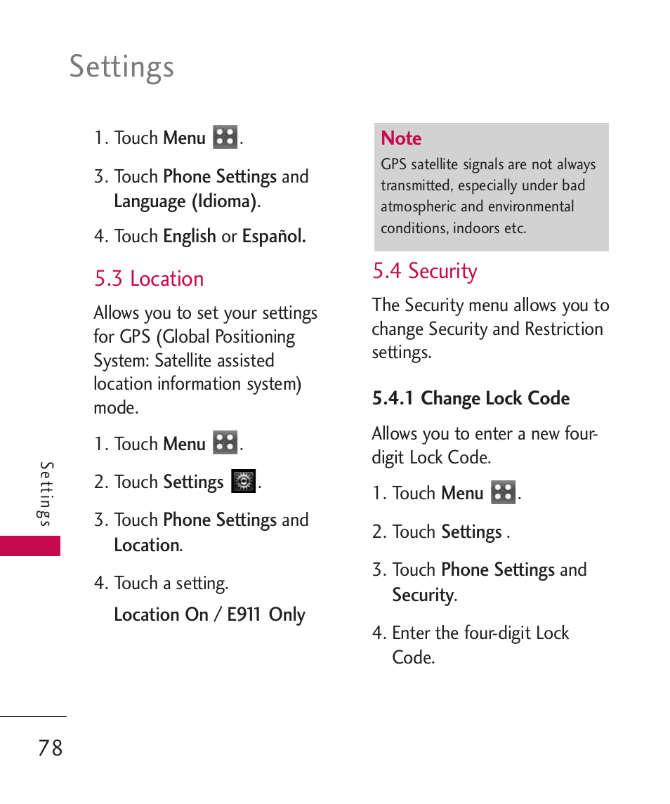 3 location, 4 security, 1 change lock code | Settings | LG MN270 User Manual | Page 80 / 273