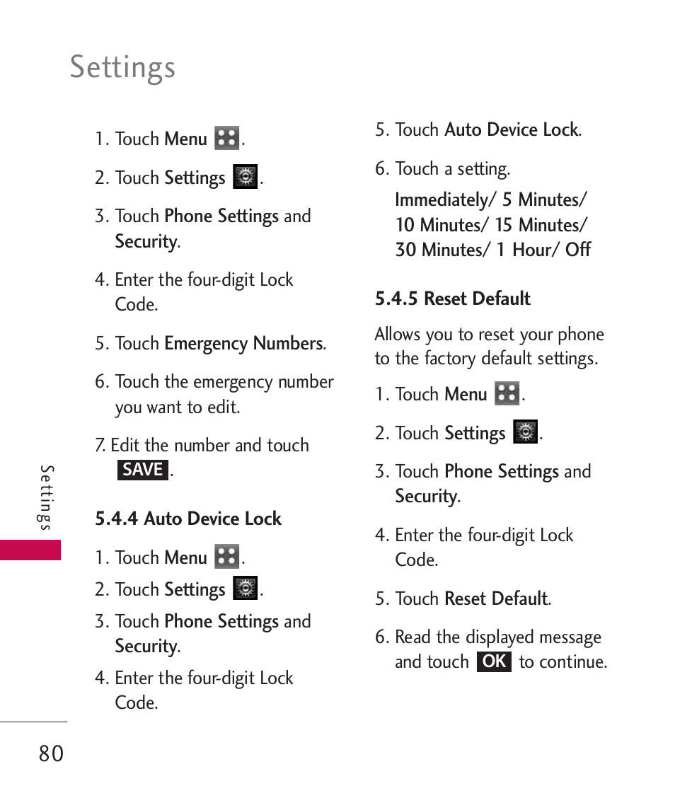 4 auto device lock, 5 reset default, Settings | LG MN270 User Manual | Page 82 / 273