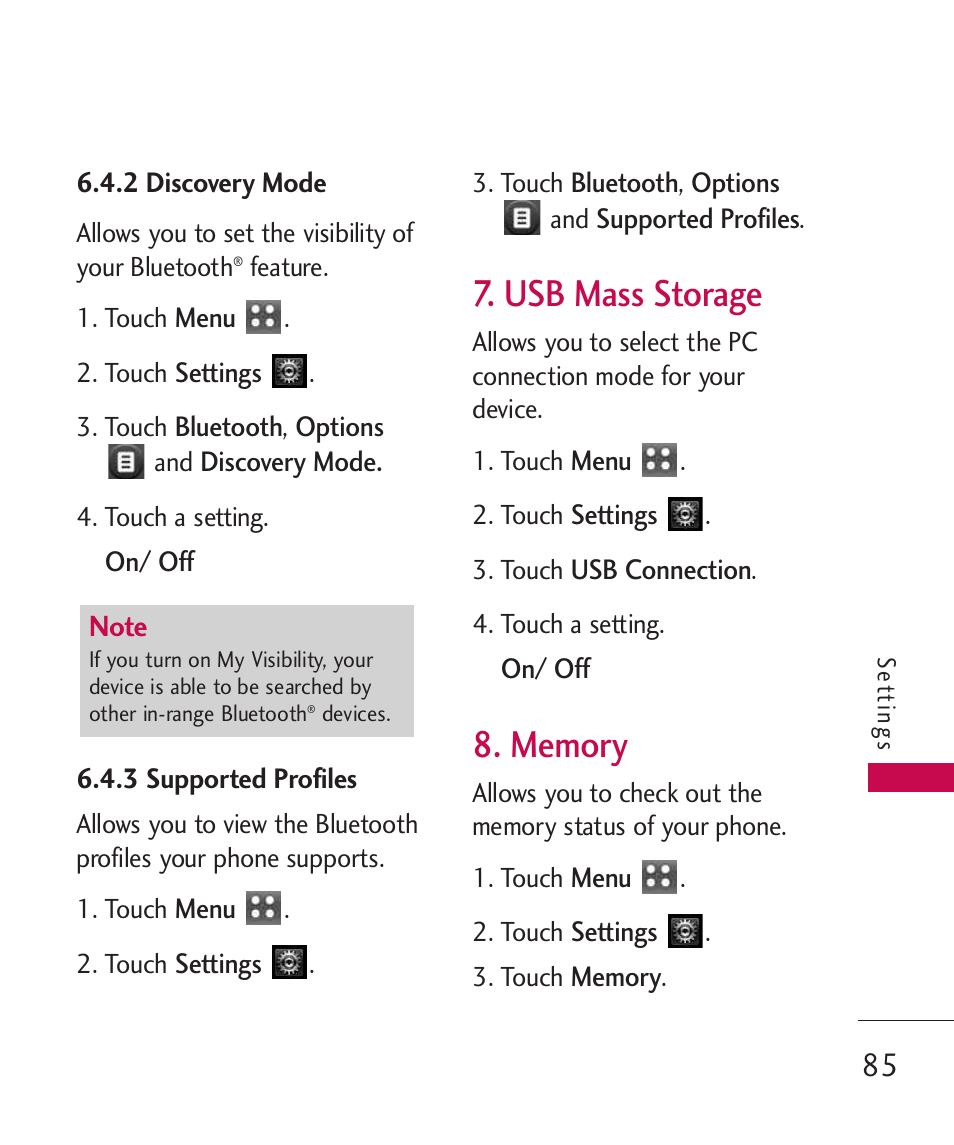 2 discovery mode, 3 supported profiles, Usb mass storage | Memory | LG MN270 User Manual | Page 87 / 273