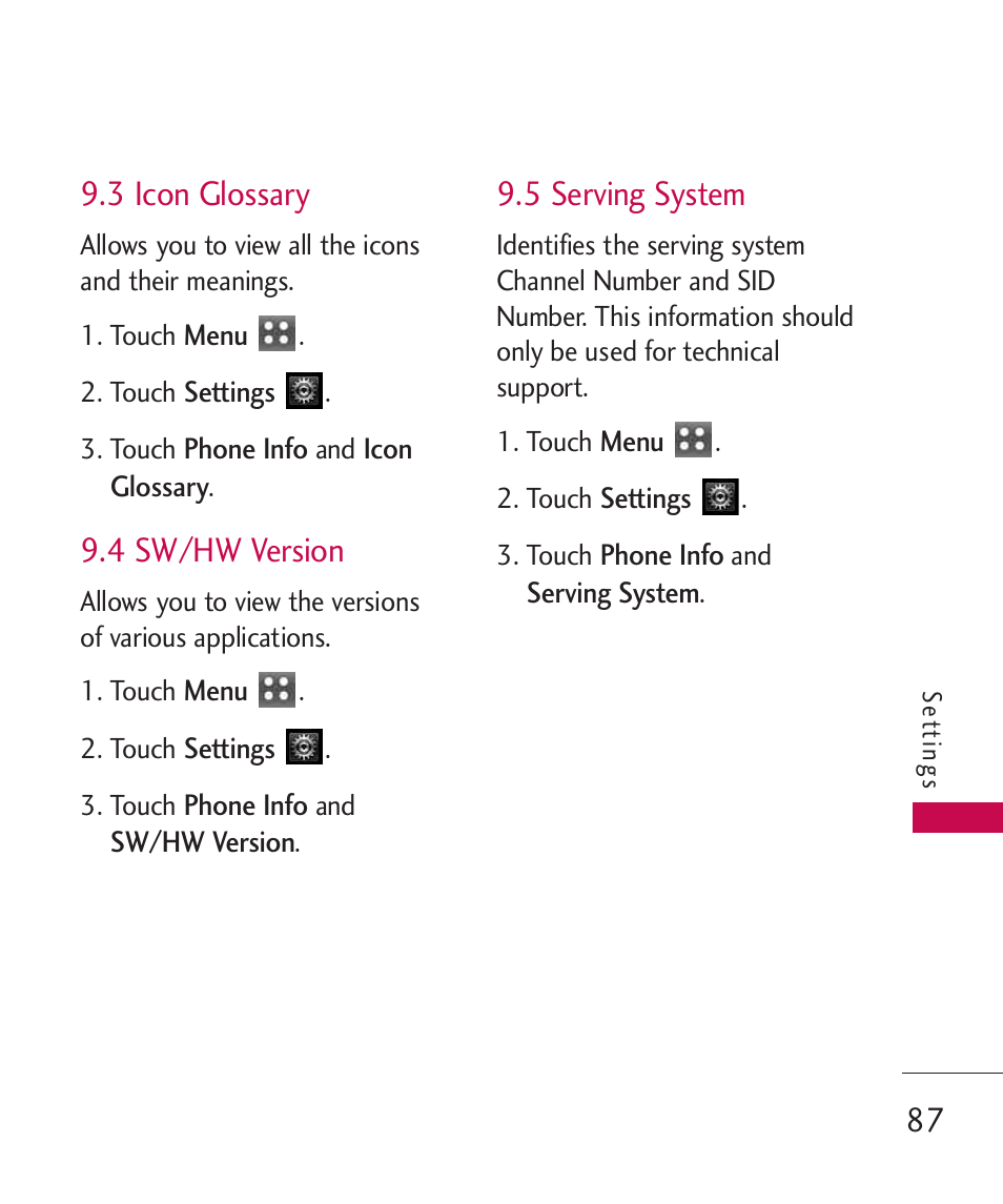 3 icon glossary, 4 sw/hw version, 5 serving system | LG MN270 User Manual | Page 89 / 273