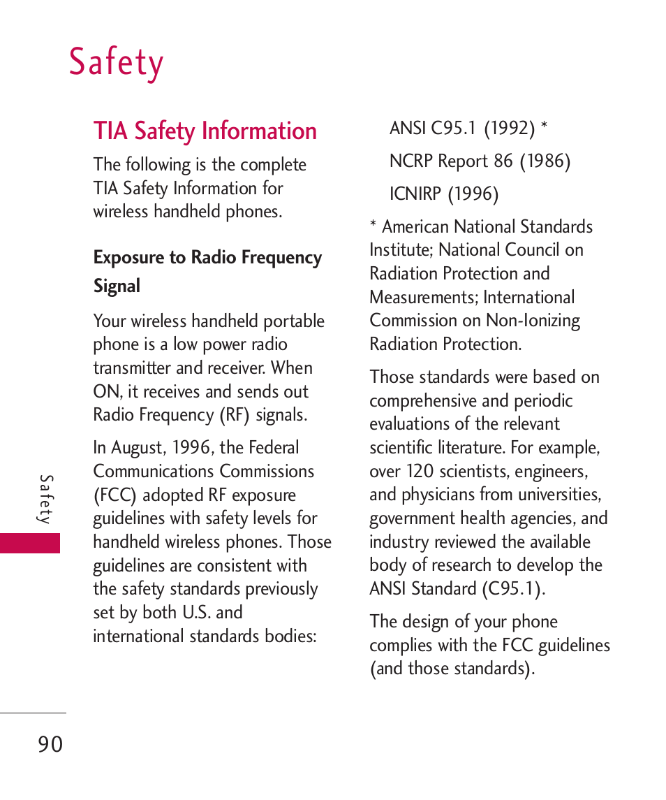 Safety, Tia safety information, Exposure to radio frequency | Signal | LG MN270 User Manual | Page 92 / 273