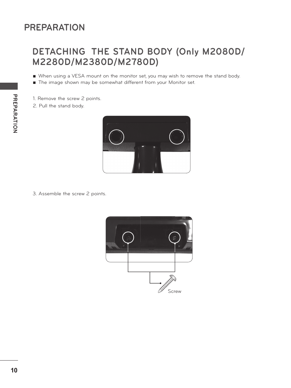 Detaching the stand body (only m2080d, M2280d/m2380d/m2780d), Preparation | LG M2380D-PU User Manual | Page 10 / 126