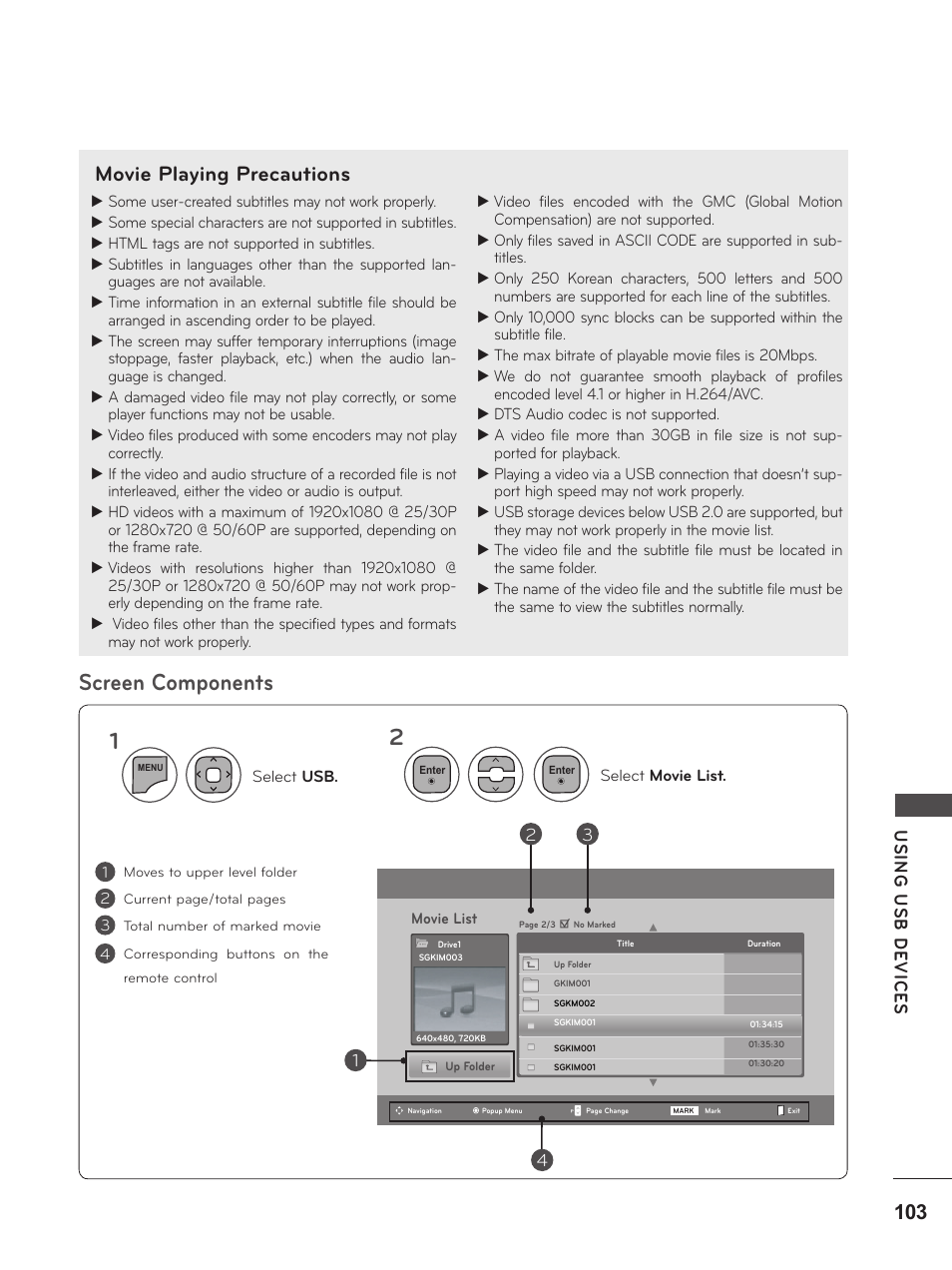 Screen components 1 2, Movie playing precautions, Usin g u sb d ev ic es | LG M2380D-PU User Manual | Page 103 / 126