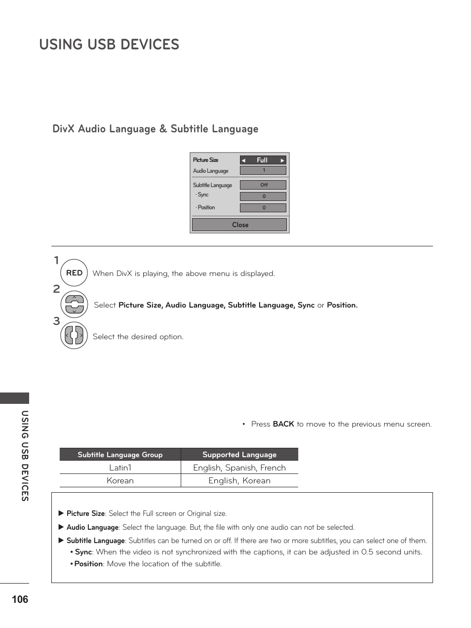 Using usb devices, Divx audio language & subtitle language | LG M2380D-PU User Manual | Page 106 / 126