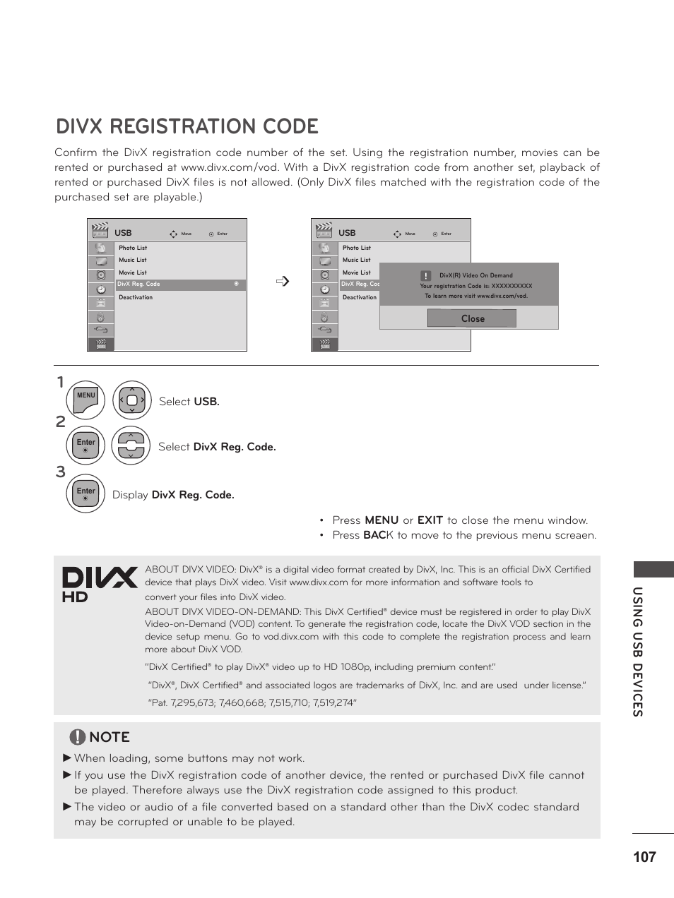 Divx registration code, Usin g u sb d ev ic es | LG M2380D-PU User Manual | Page 107 / 126