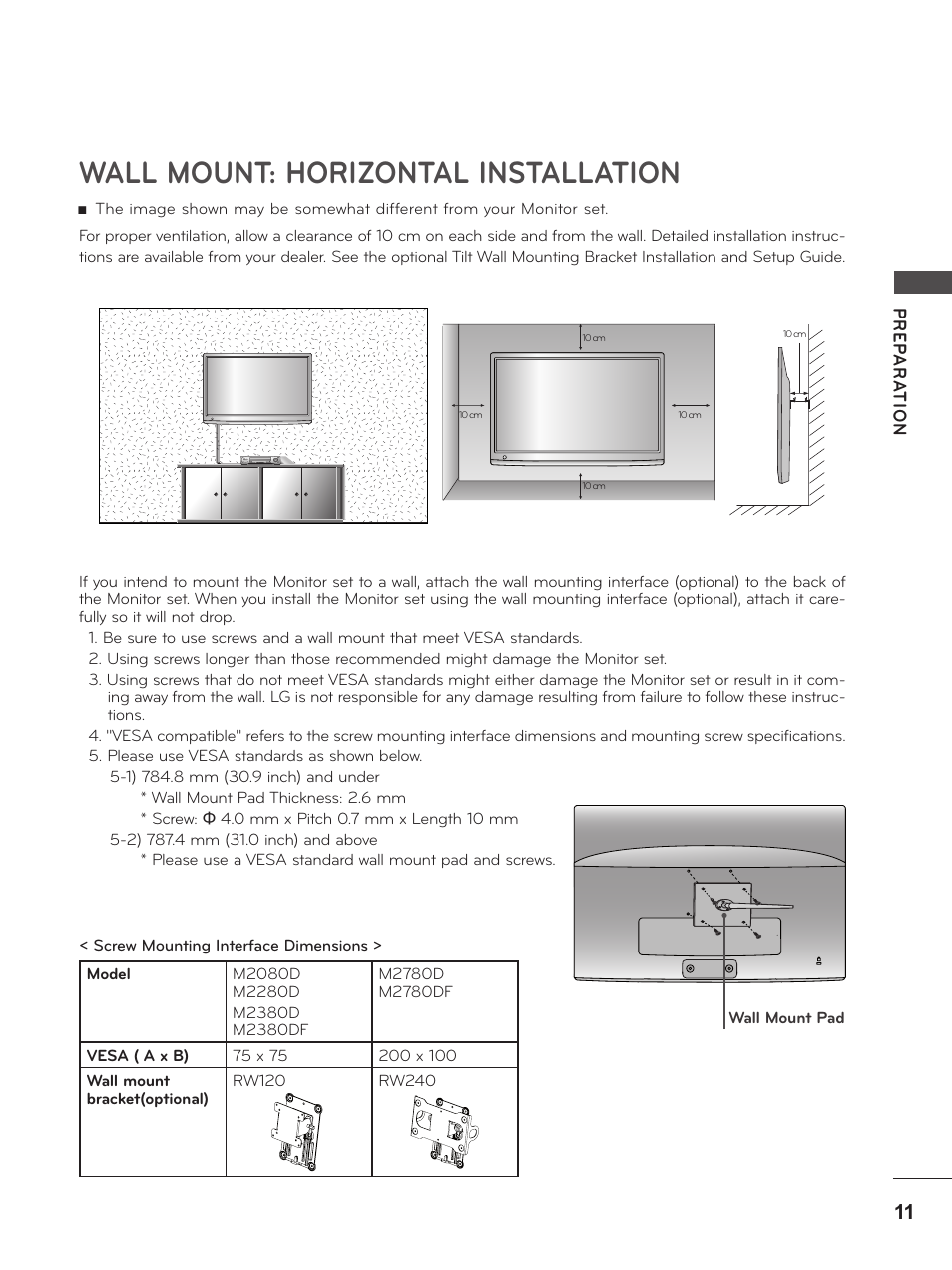 Wall mount: horizontal installation, Wall mount: horizontal installation 11 | LG M2380D-PU User Manual | Page 11 / 126