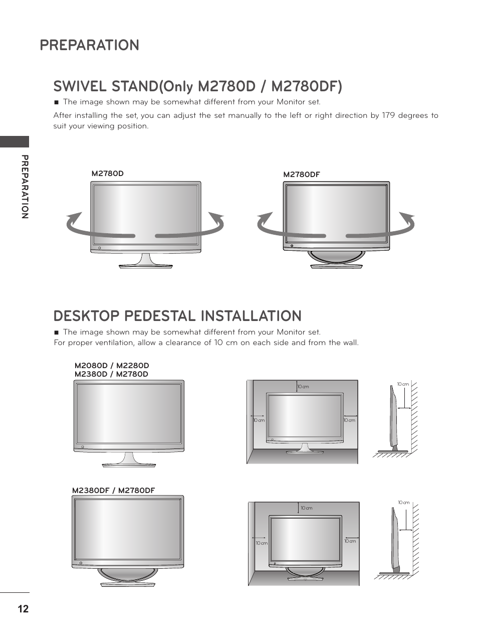 Swivel stand(only m2780d / m2780df), Desktop pedestal installation, Preparation | Pr ep a r at io n | LG M2380D-PU User Manual | Page 12 / 126