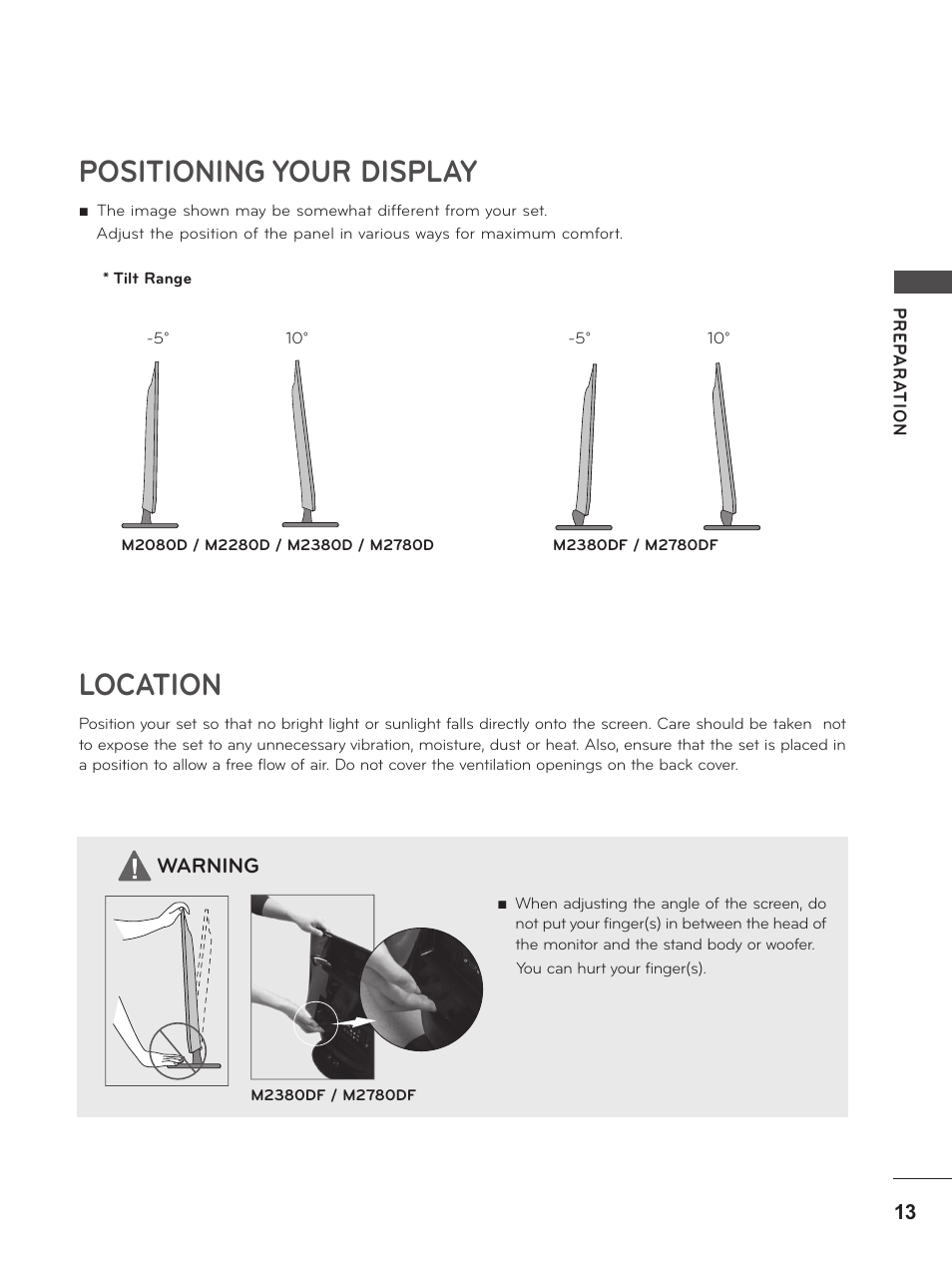 Positioning your display, Location, Positioning your display location | LG M2380D-PU User Manual | Page 13 / 126