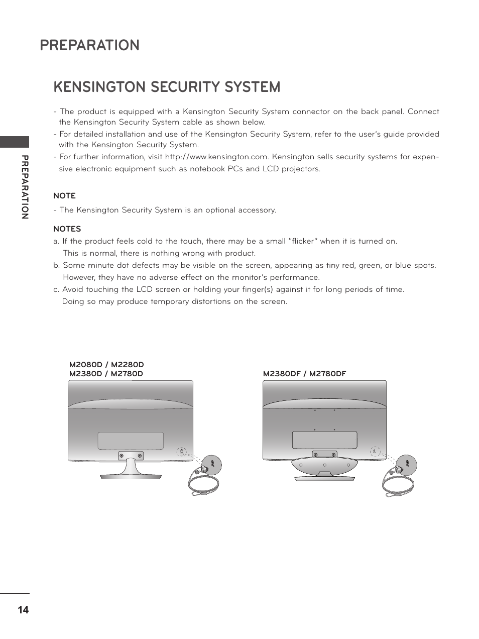 Kensington security system, Preparation | LG M2380D-PU User Manual | Page 14 / 126