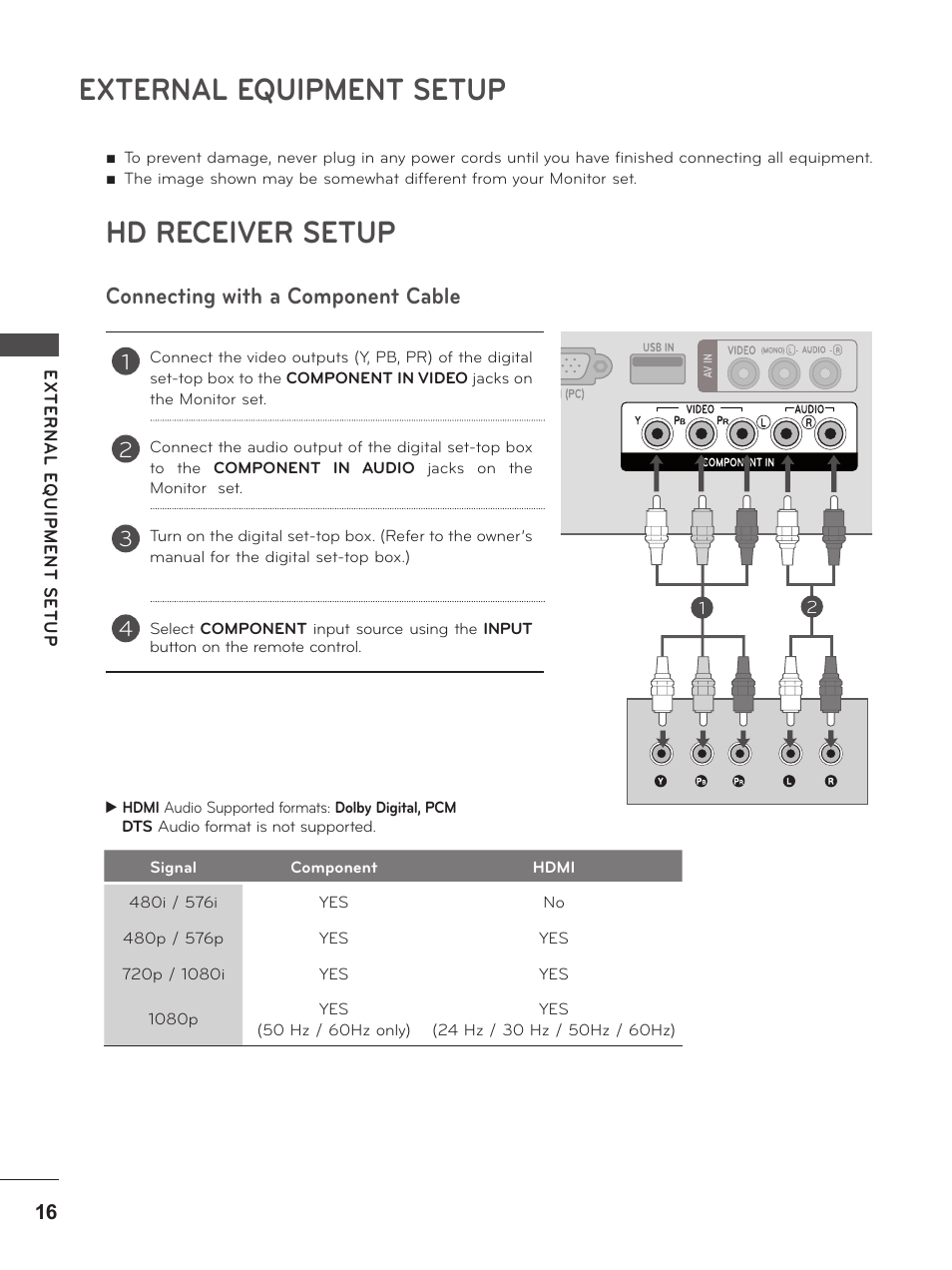 Hd receiver setup, Connecting with a component cable, External equipment setup | LG M2380D-PU User Manual | Page 16 / 126