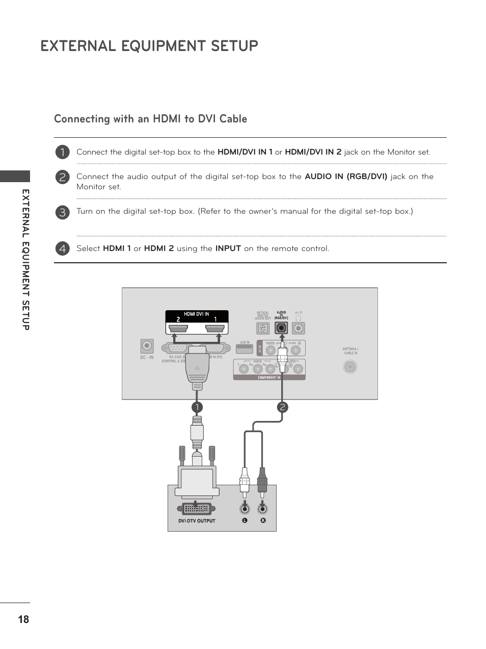 Connecting with an hdmi to dvi cable, External equipment setup | LG M2380D-PU User Manual | Page 18 / 126
