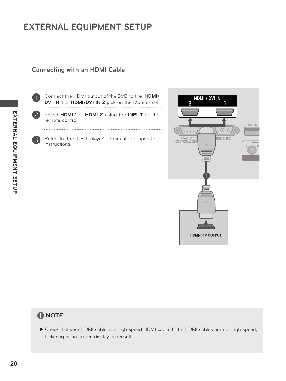 Connecting with an hdmi cable, External equipment setup | LG M2380D-PU User Manual | Page 20 / 126