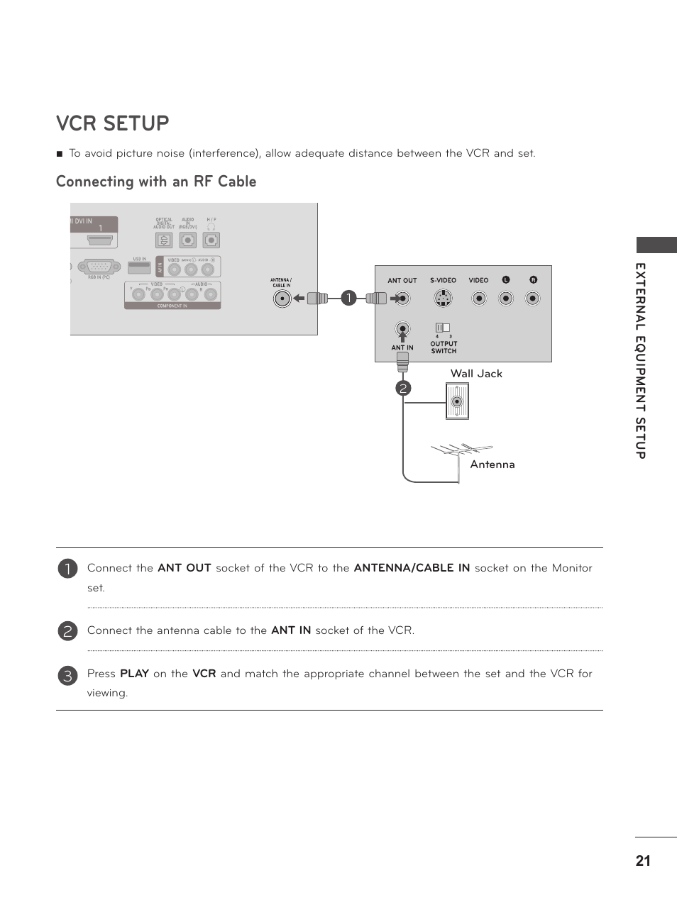 Vcr setup, Connecting with an rf cable | LG M2380D-PU User Manual | Page 21 / 126
