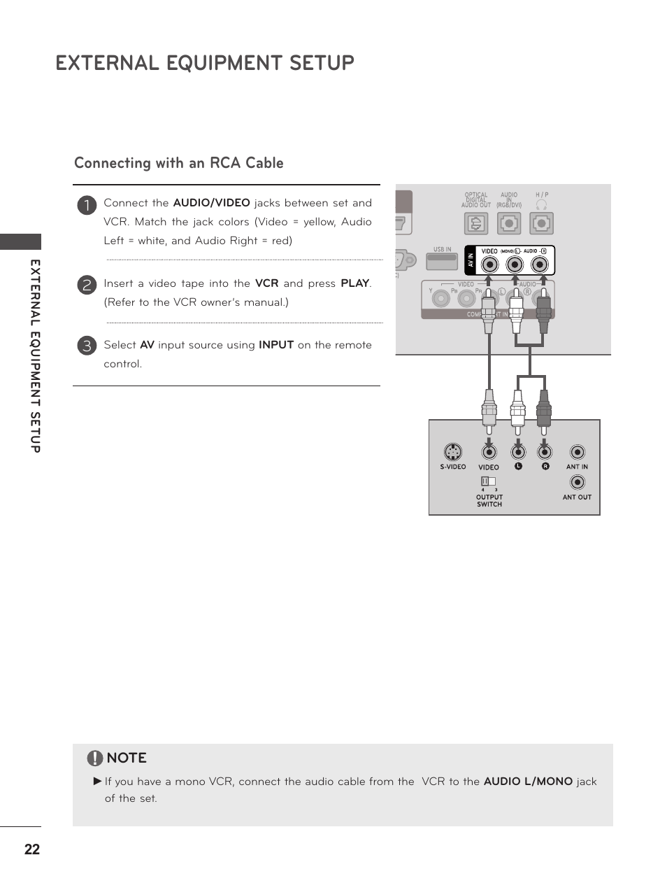 Connecting with an rca cable, External equipment setup | LG M2380D-PU User Manual | Page 22 / 126