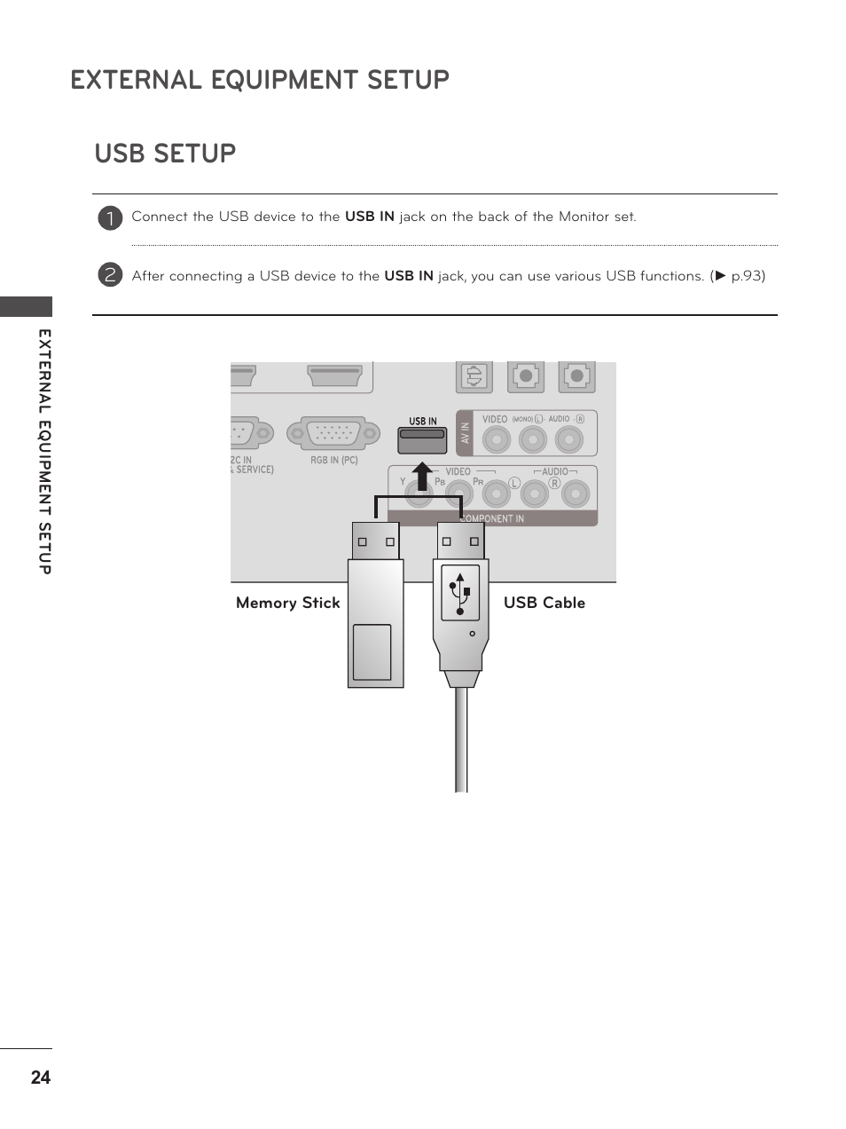 Usb setup, External equipment setup | LG M2380D-PU User Manual | Page 24 / 126