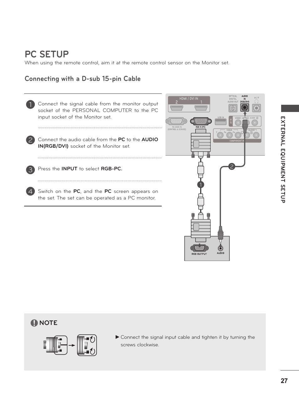 Pc setup, Connecting with a d-sub 15-pin cable | LG M2380D-PU User Manual | Page 27 / 126
