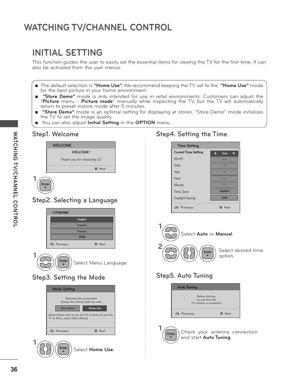 Initial setting, Watching tv/channel control | LG M2380D-PU User Manual | Page 36 / 126