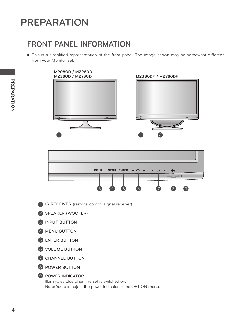 Preparation, Front panel information | LG M2380D-PU User Manual | Page 4 / 126