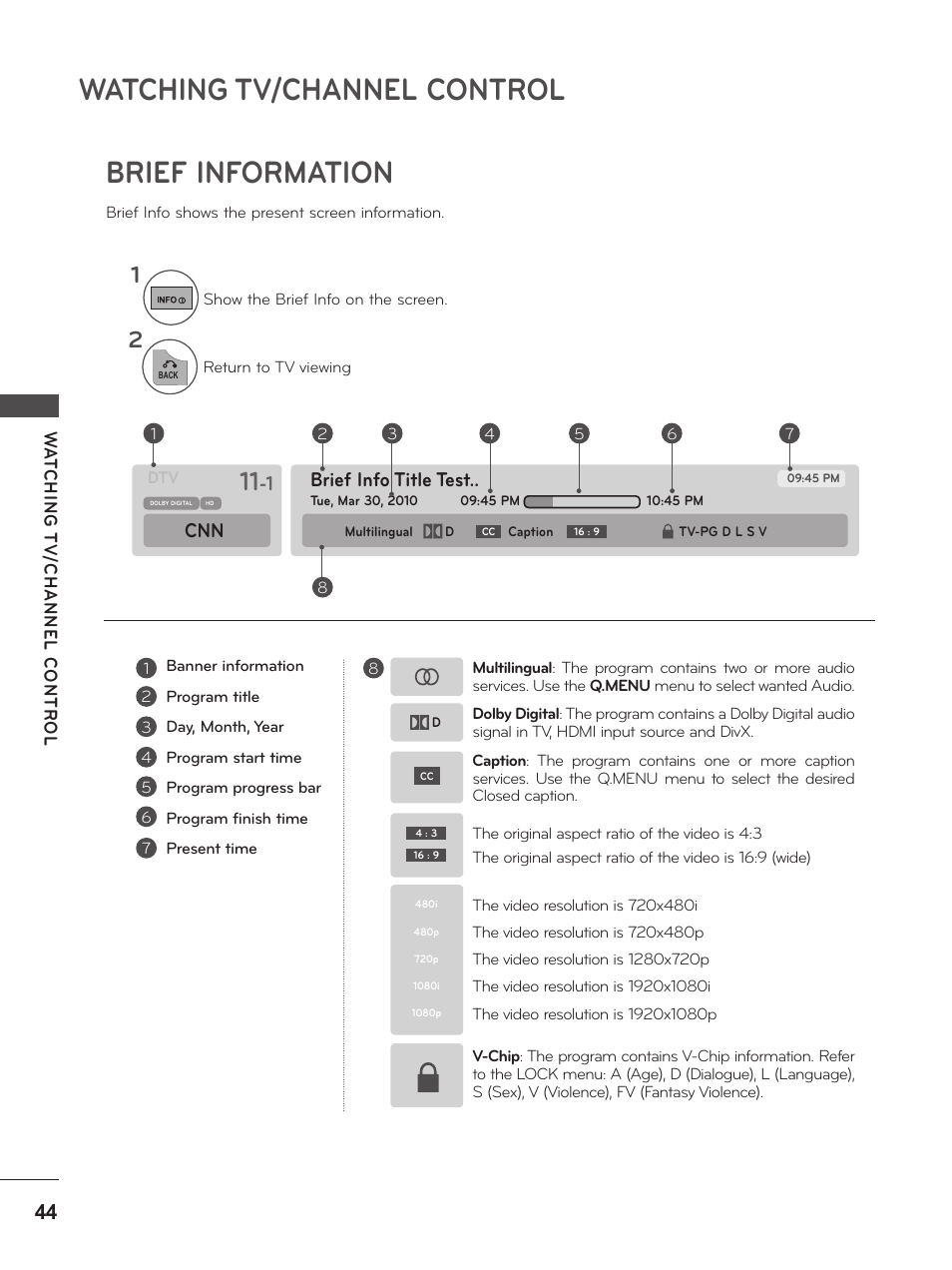 Brief information, Watching tv/channel control, Brief info title test | LG M2380D-PU User Manual | Page 44 / 126