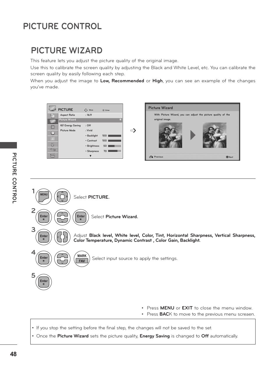 Picture wizard, Picture control | LG M2380D-PU User Manual | Page 48 / 126
