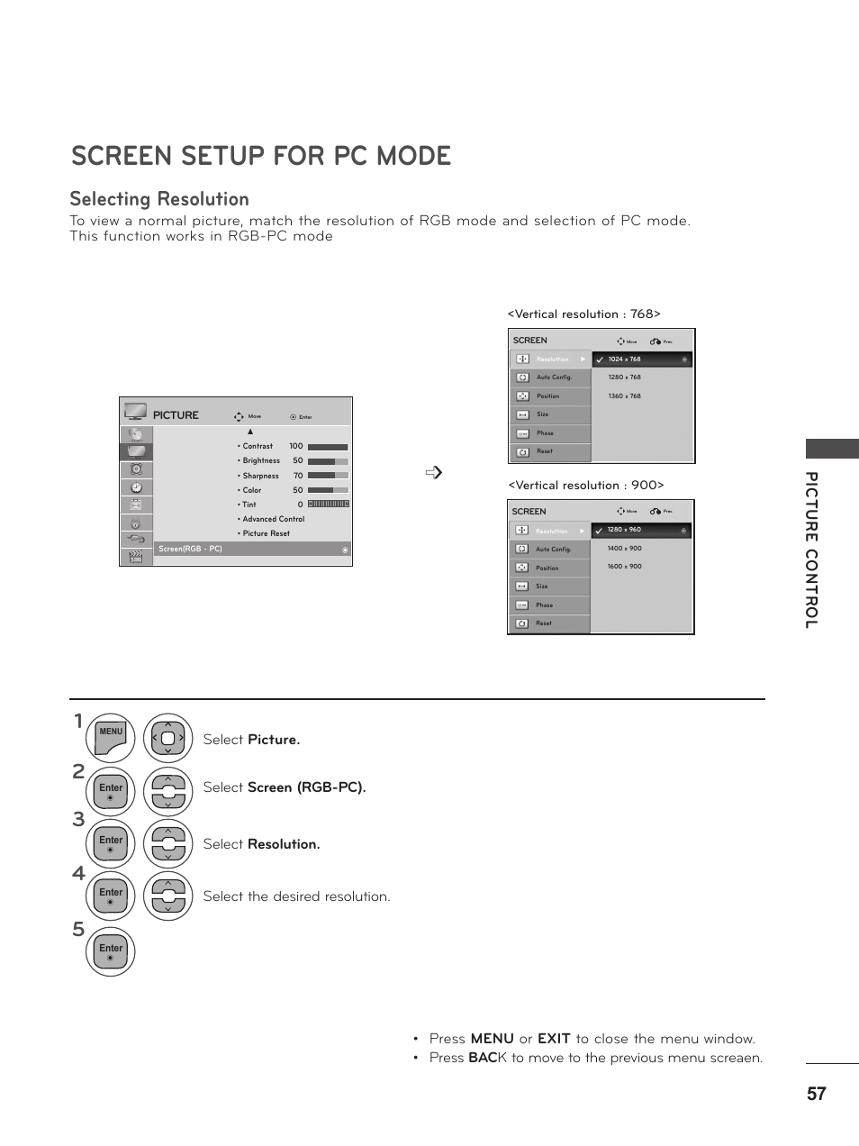 Screen setup for pc mode, Selecting resolution | LG M2380D-PU User Manual | Page 57 / 126