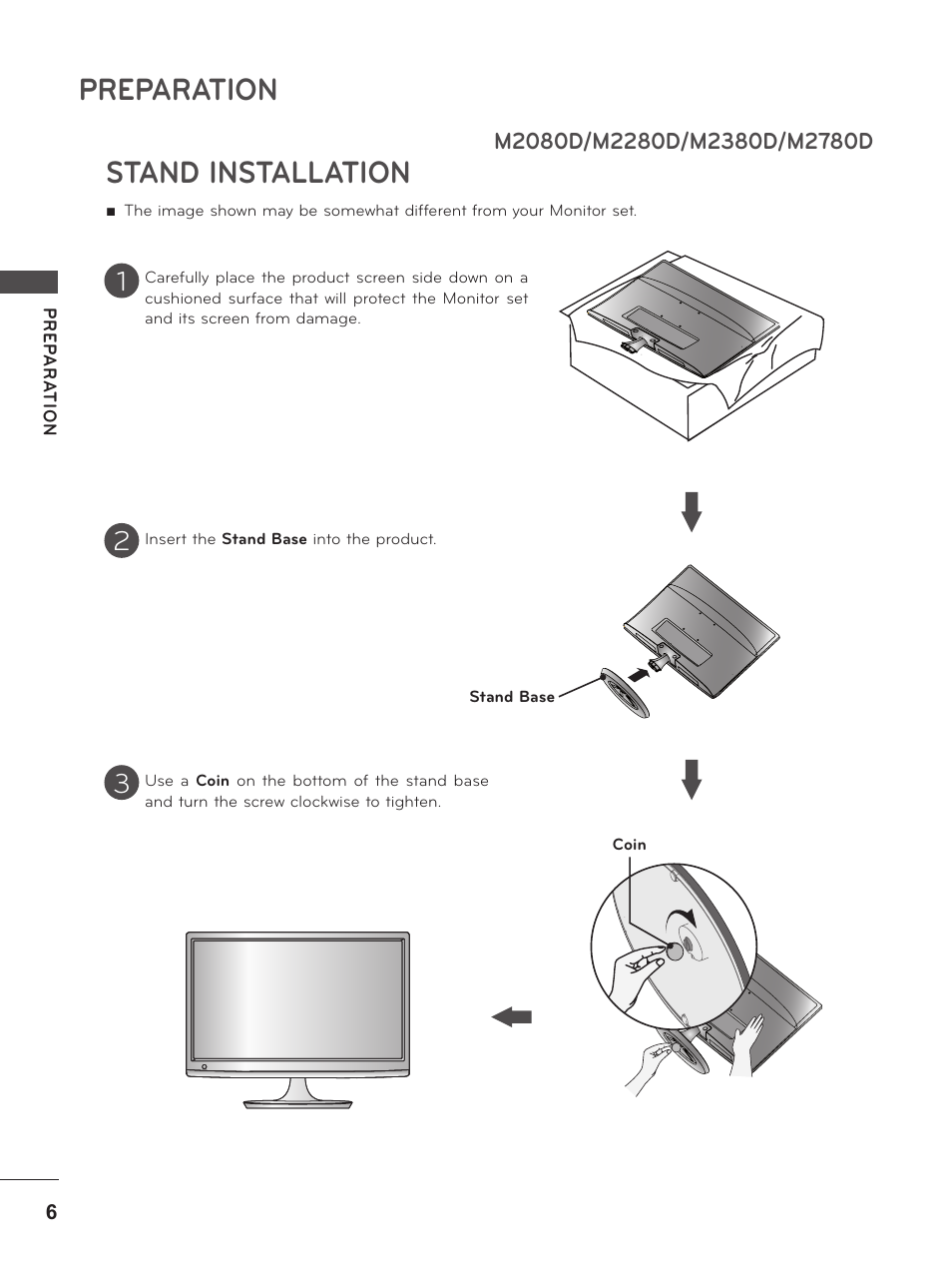 Stand installation, M2080d/m2280d/m2380d/m2780d, Preparation | LG M2380D-PU User Manual | Page 6 / 126