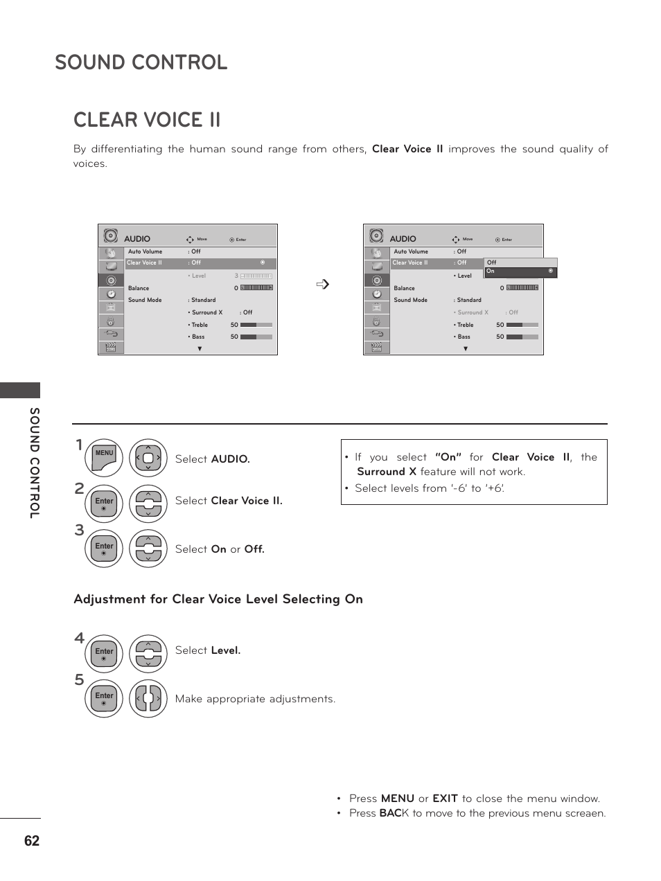 Clear voice ii, Sound control, Adjustment for clear voice level selecting on | LG M2380D-PU User Manual | Page 62 / 126