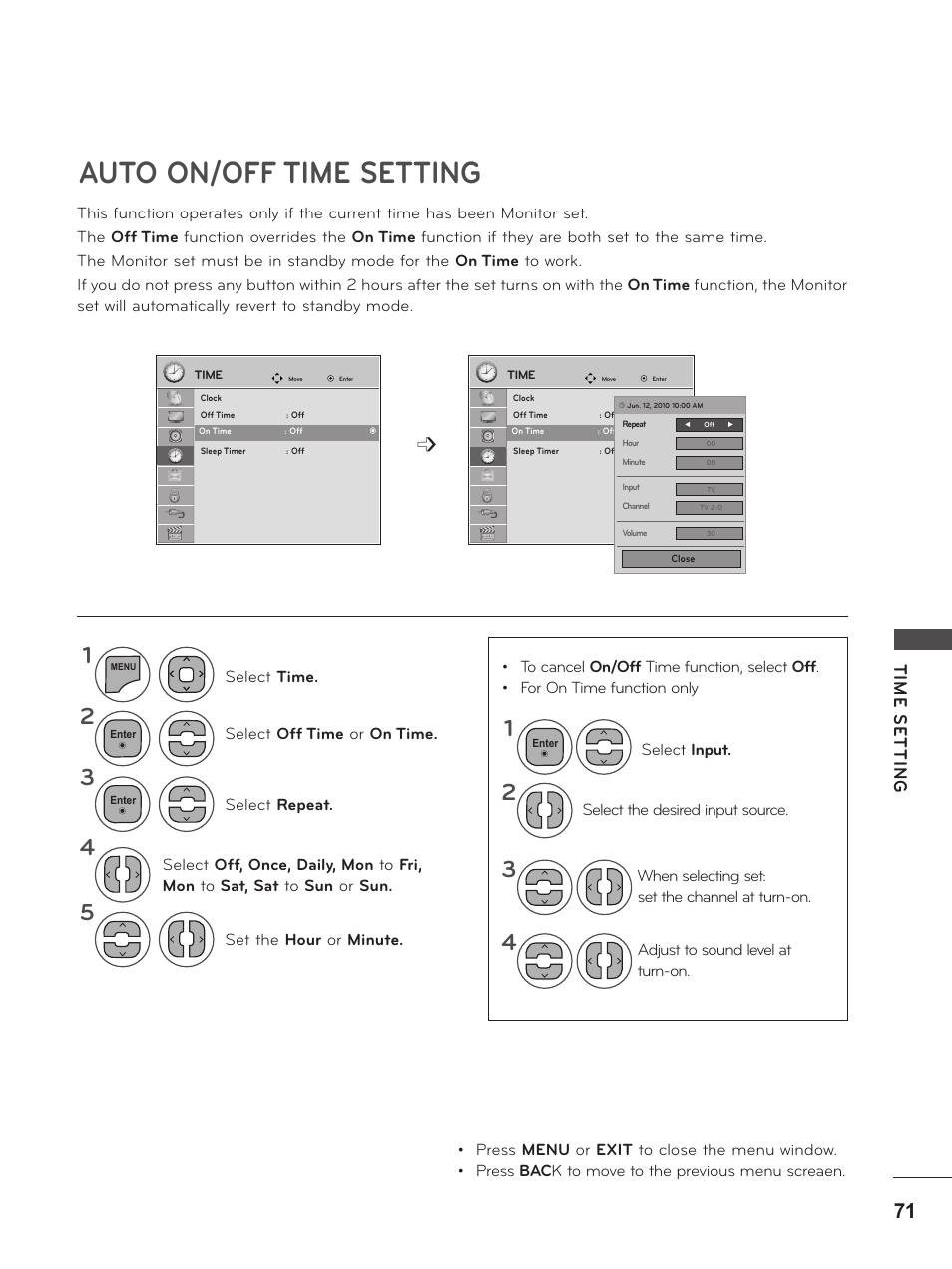 Auto on/off time setting, Tim e se tt in g | LG M2380D-PU User Manual | Page 71 / 126