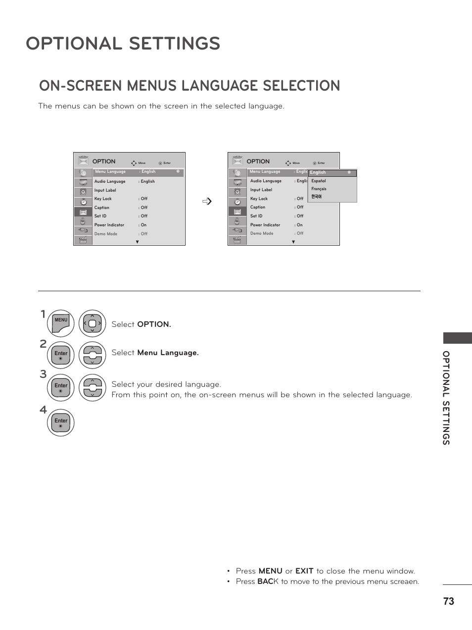 Optional settings, On-screen menus language selection | LG M2380D-PU User Manual | Page 73 / 126