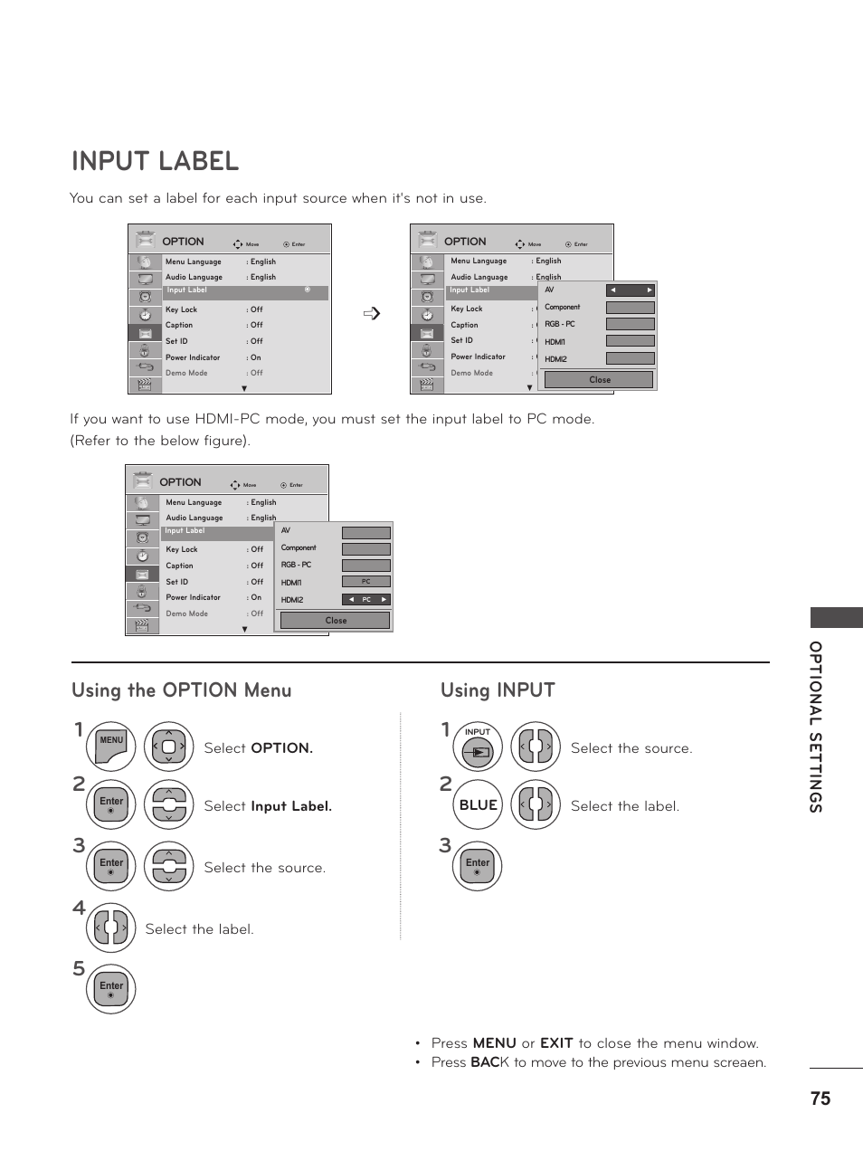Input label, Using the option menu using input, Blue | LG M2380D-PU User Manual | Page 75 / 126