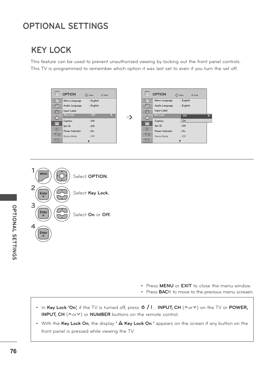 Key lock, Optional settings | LG M2380D-PU User Manual | Page 76 / 126
